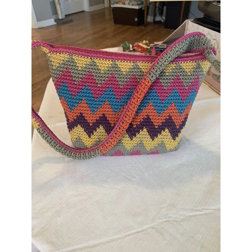 The Sak Chevron Multicolor Crocheted Lined Shoulder Bag Bright Hot Pink~Teal